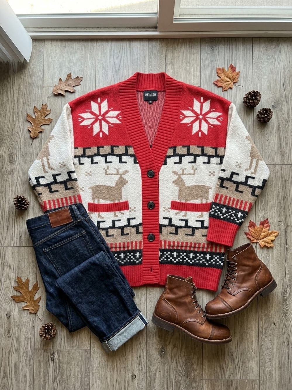 HEIMISH Red & Cream Reindeer Fair Isle Cardigan Sweater